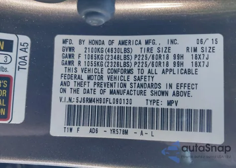 2015 Honda Cr-V Touring z USA, uszkodzony, nr VIN 5J6RM4H90FL090130